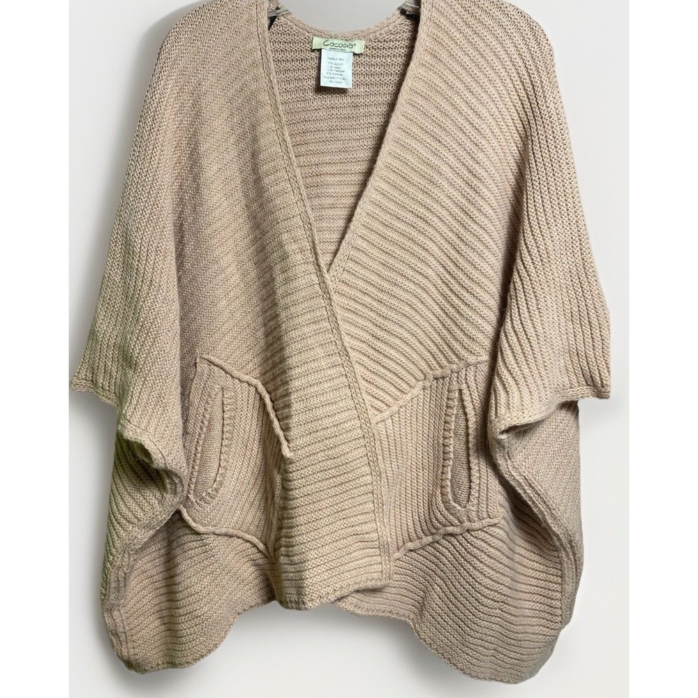 Cocogio Italy Alpaca Wool Blend Ribbed Open Front Poncho Cape‎ Cardigan Tan